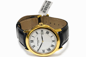 Raymond Weil Tradition White Dial Gold Plated mens Watch Black Leather