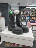 Ganni Cleated Heeled Mid Chelsea Boots in Black Naplack, Size 38/7.5 US