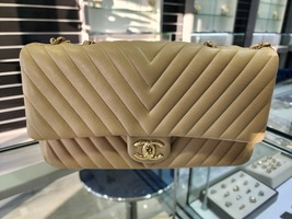 Chanel Caviar Chevron Quilted Medium Double Flap Bag, Beige